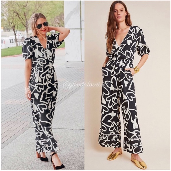 FARM Rio Pants - Black & White Graphic Wrap Jumpsuit